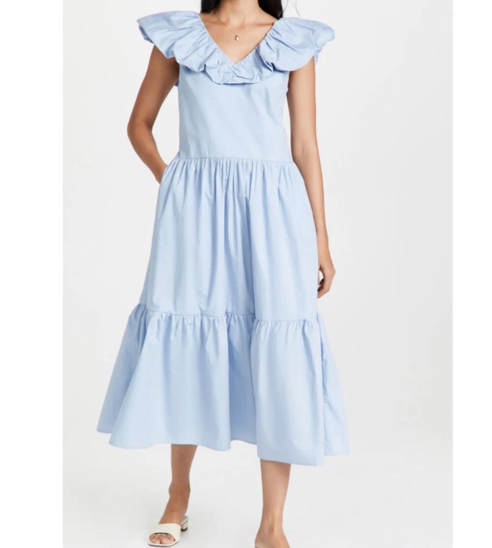 English Factory size medium blue & white striped midi dress